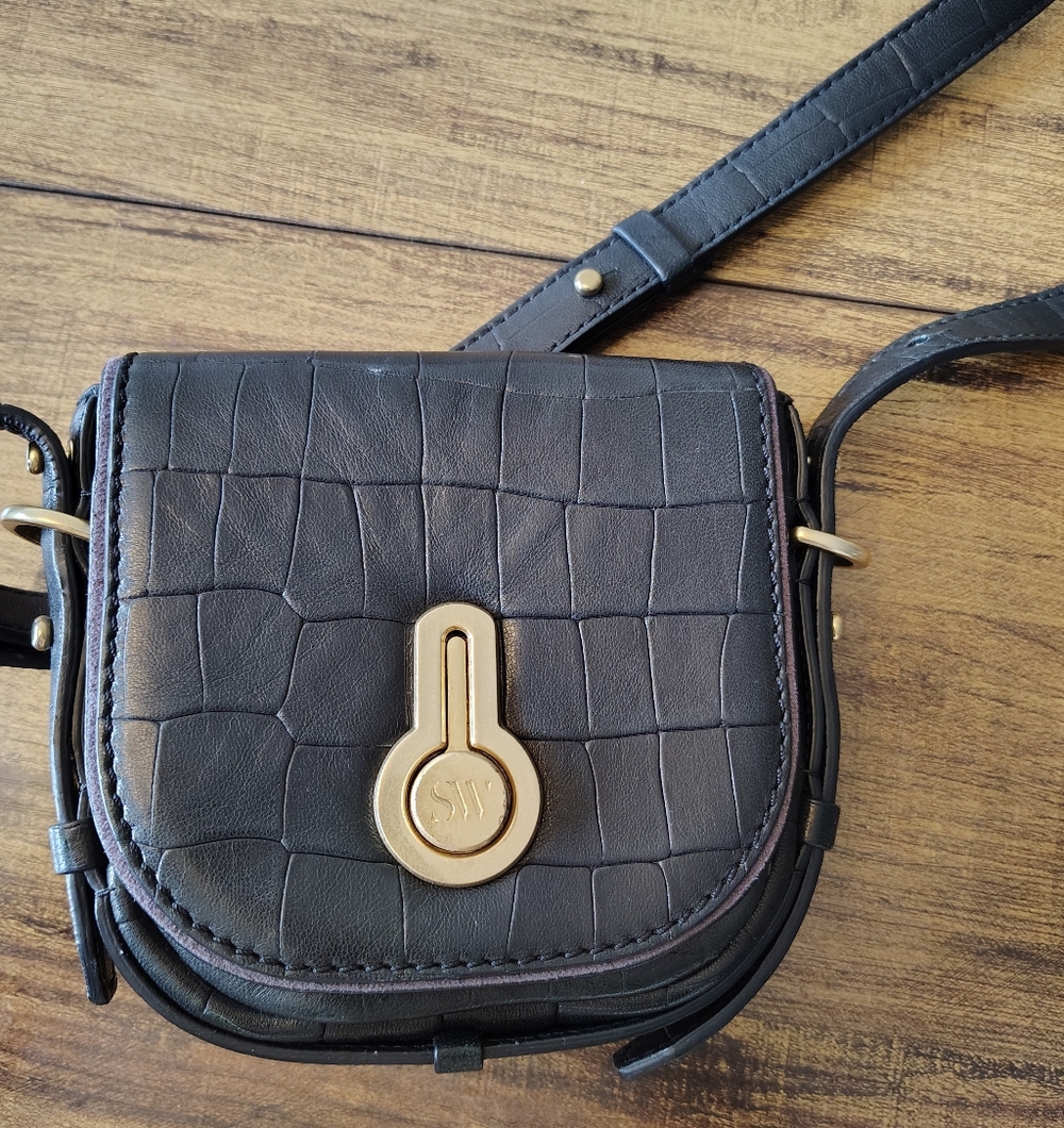 Stuart Weitzman black crocodile-embossed leather crossbody bag with brass